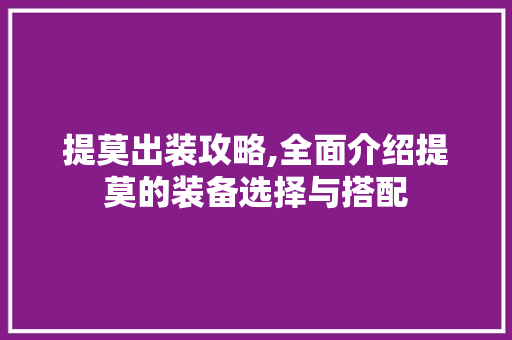 提莫出装攻略,全面介绍提莫的装备选择与搭配