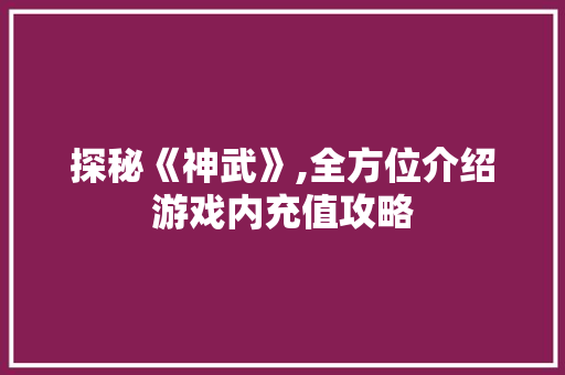 探秘《神武》,全方位介绍游戏内充值攻略