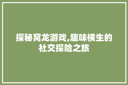 探秘窝龙游戏,趣味横生的社交探险之旅 电脑故障维修