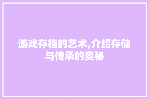 游戏存档的艺术,介绍存储与传承的奥秘 电脑基础