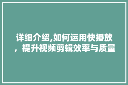 详细介绍,如何运用快播放，提升视频剪辑效率与质量