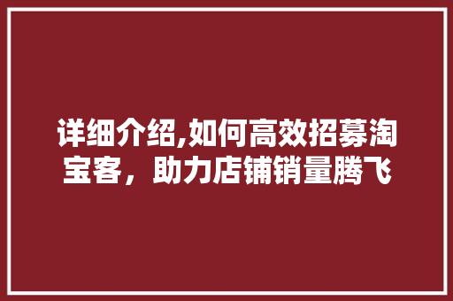 详细介绍,如何高效招募淘宝客,助力店铺销量腾飞 详细介绍,如何高效招募淘宝客,助力店铺销量腾飞