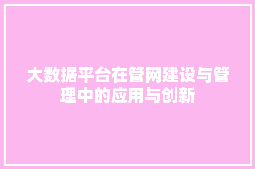 大数据平台在管网建设与管理中的应用与创新