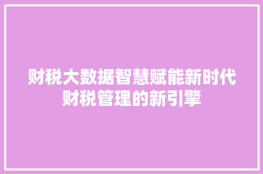 财税大数据智慧赋能新时代财税管理的新引擎