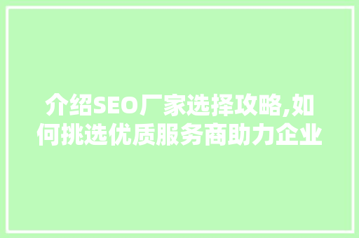 介绍SEO厂家选择攻略,如何挑选优质服务商助力企业腾飞
