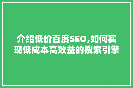 介绍低价百度SEO,如何实现低成本高效益的搜索引擎优化