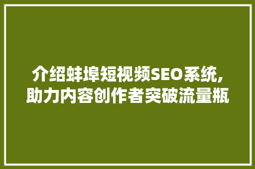 介绍蚌埠短视频SEO系统,助力内容创作者突破流量瓶颈