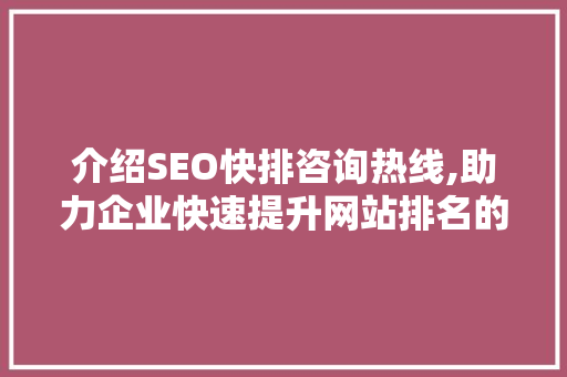 介绍SEO快排咨询热线,助力企业快速提升网站排名的秘密武器