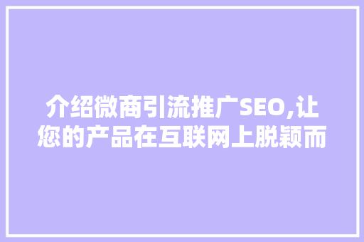 介绍微商引流推广SEO,让您的产品在互联网上脱颖而出