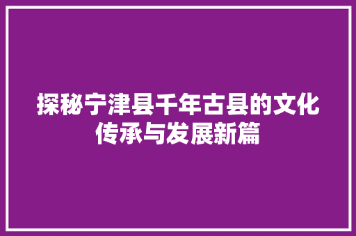 探秘宁津县千年古县的文化传承与发展新篇