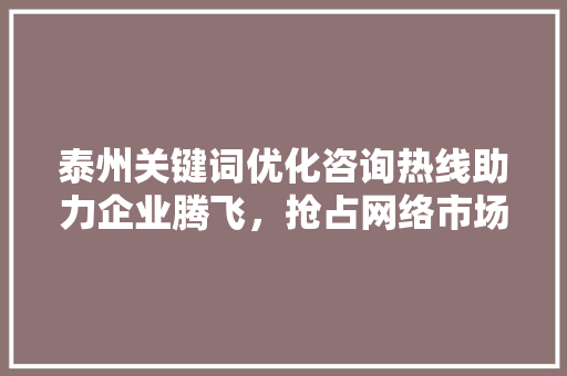 泰州关键词优化咨询热线助力企业腾飞，抢占网络市场制高点