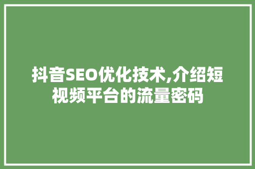 抖音SEO优化技术,介绍短视频平台的流量密码