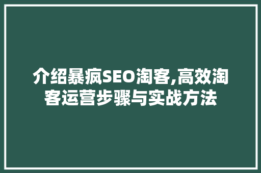 介绍暴疯SEO淘客,高效淘客运营步骤与实战方法