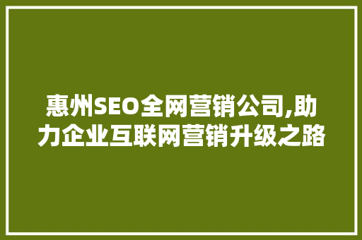 惠州SEO全网营销公司,助力企业互联网营销升级之路