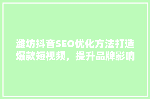 潍坊抖音SEO优化方法打造爆款短视频,提升品牌影响力 潍坊抖音SEO优化方法打造爆款短视频,提升品牌影响力